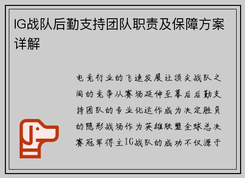 IG战队后勤支持团队职责及保障方案详解