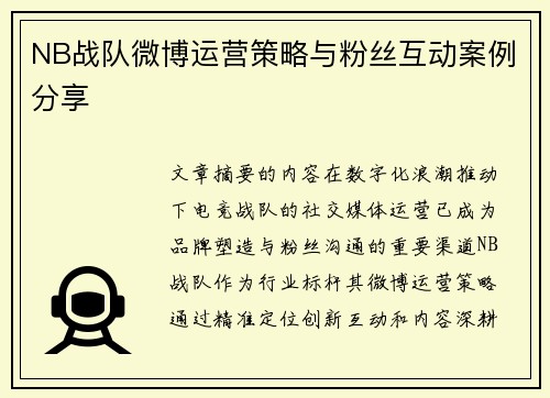 NB战队微博运营策略与粉丝互动案例分享
